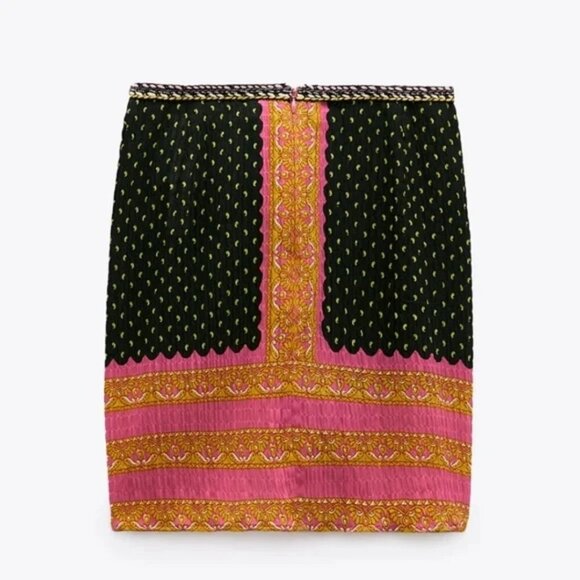 NWOT Zara multicolour dual print boho-inspired mini skirt w/ trim accent, XS - Picture 11 of 16
